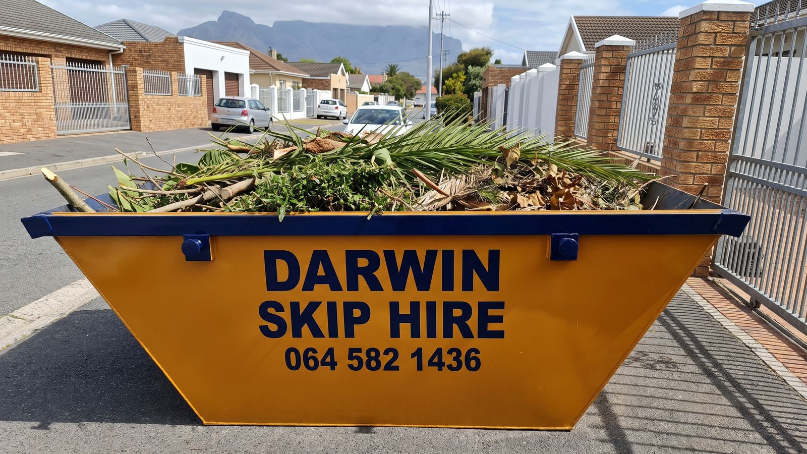 Amber Darwin mini skip full of palm fronds and branches with Table Mountain behind.