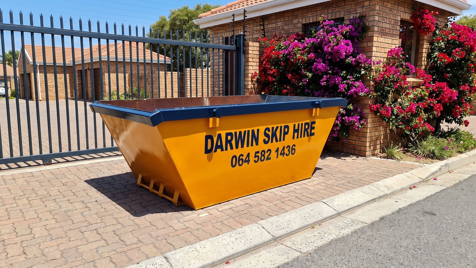 Empty amber Darwin mini skip set down inside a townhouse complex gate.