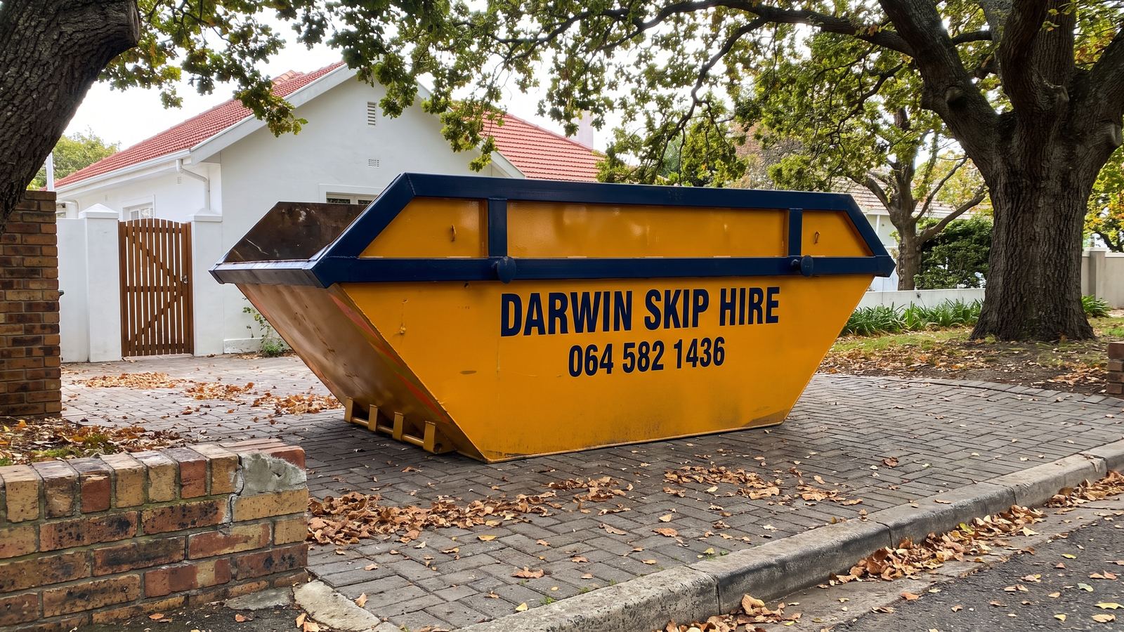 Amber Darwin mini skip on a driveway under large oak trees with fallen leaves.